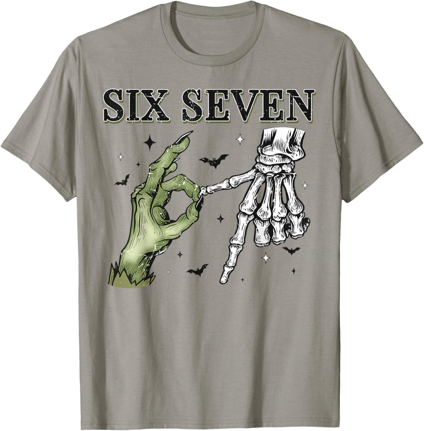 Six Seven 6 7 Meme Funny Witch Skeleton Hands Halloween T-Shirt - T-Shirt | Sand