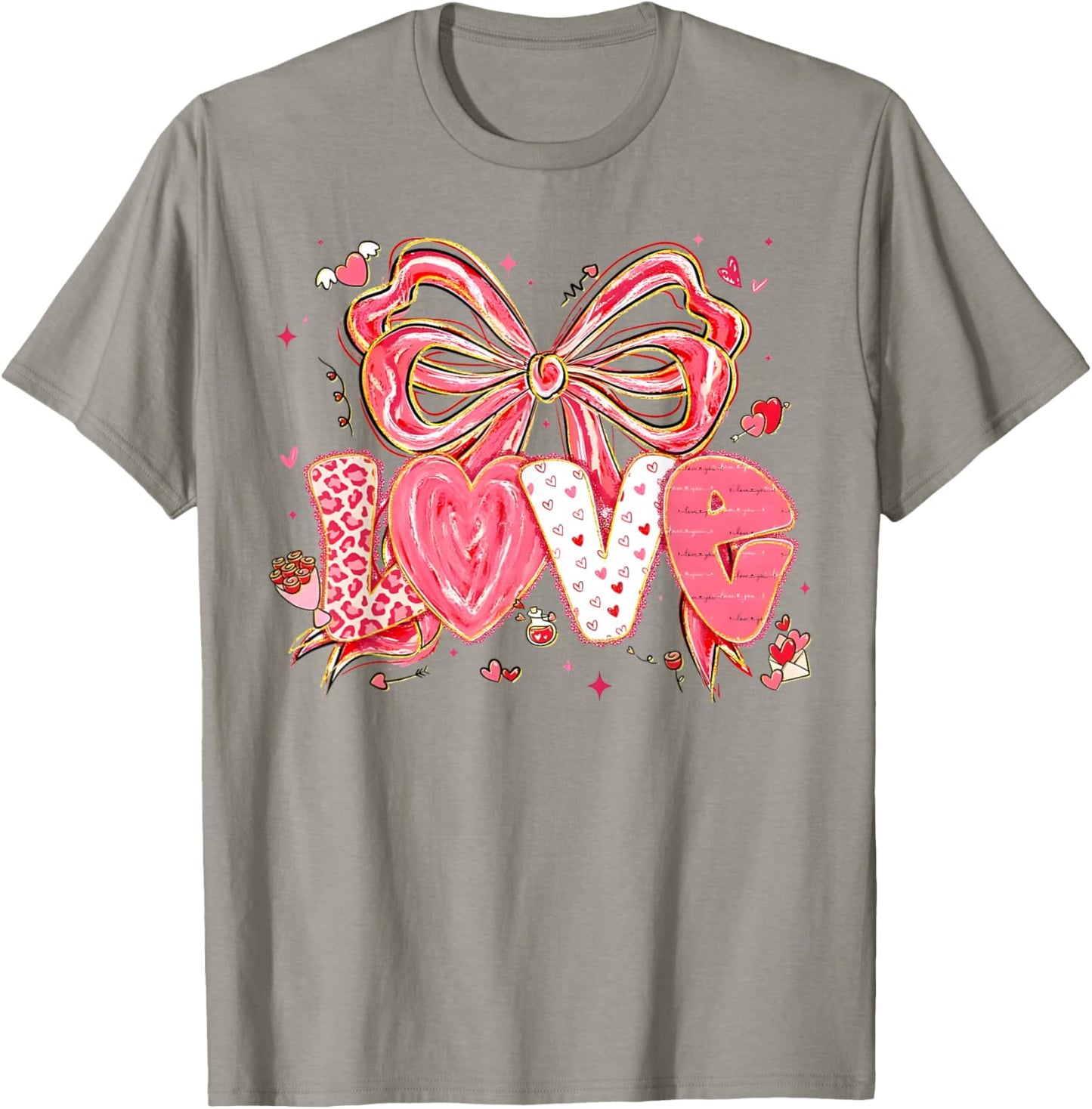 Coquette Bow Hearts Love Valentine XOXO Be Mine Cute Girly T-Shirt - T-Shirt | Sand