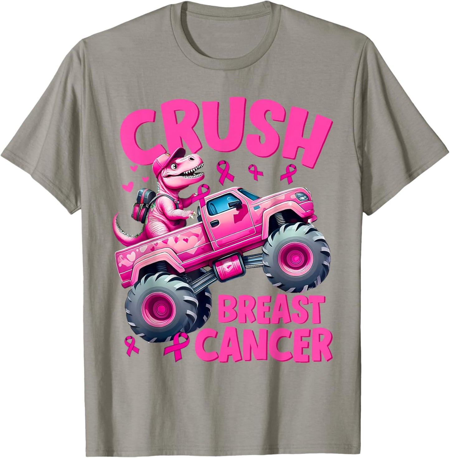 Crush Breast Cancer Pink T-Rex Dinosaur Monster Truck Boys T-Shirt - T-Shirt | Sand