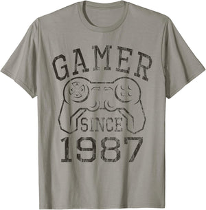 Born in 1987, Gamer Since 1987 Vintage Gamer Gifts Birthday T-Shirt - T-Shirt | Sand