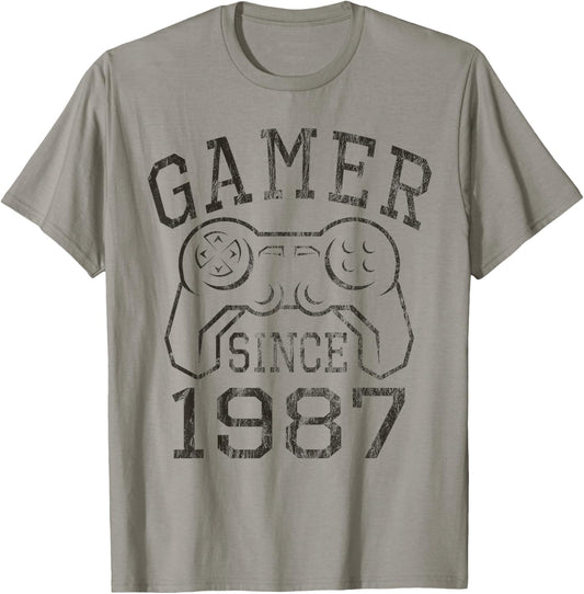 Born in 1987, Gamer Since 1987 Vintage Gamer Gifts Birthday T-Shirt - T-Shirt | Sand