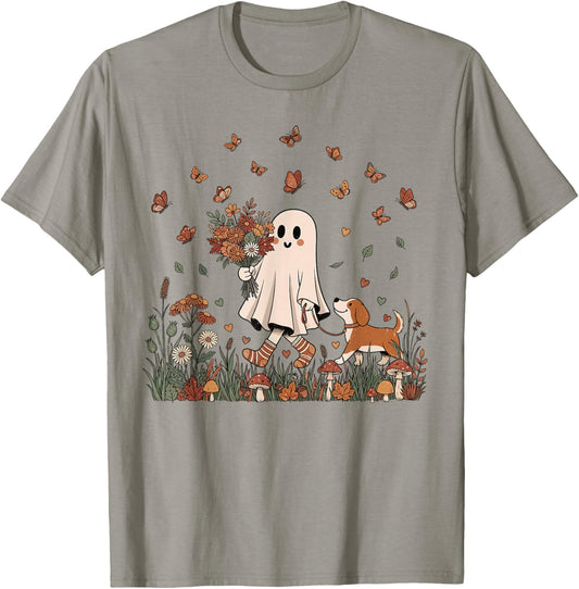 Vintage Halloween Cute Ghost Dog Mom Boho Floral Fall Vibes T-Shirt - T-Shirt | Sand