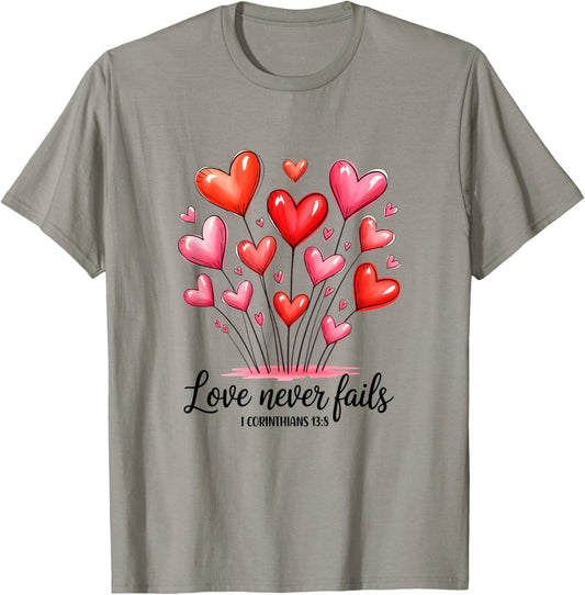 Love Never Fails Valentines Christian Religious Bible Verse T-Shirt - T-Shirt | Sand