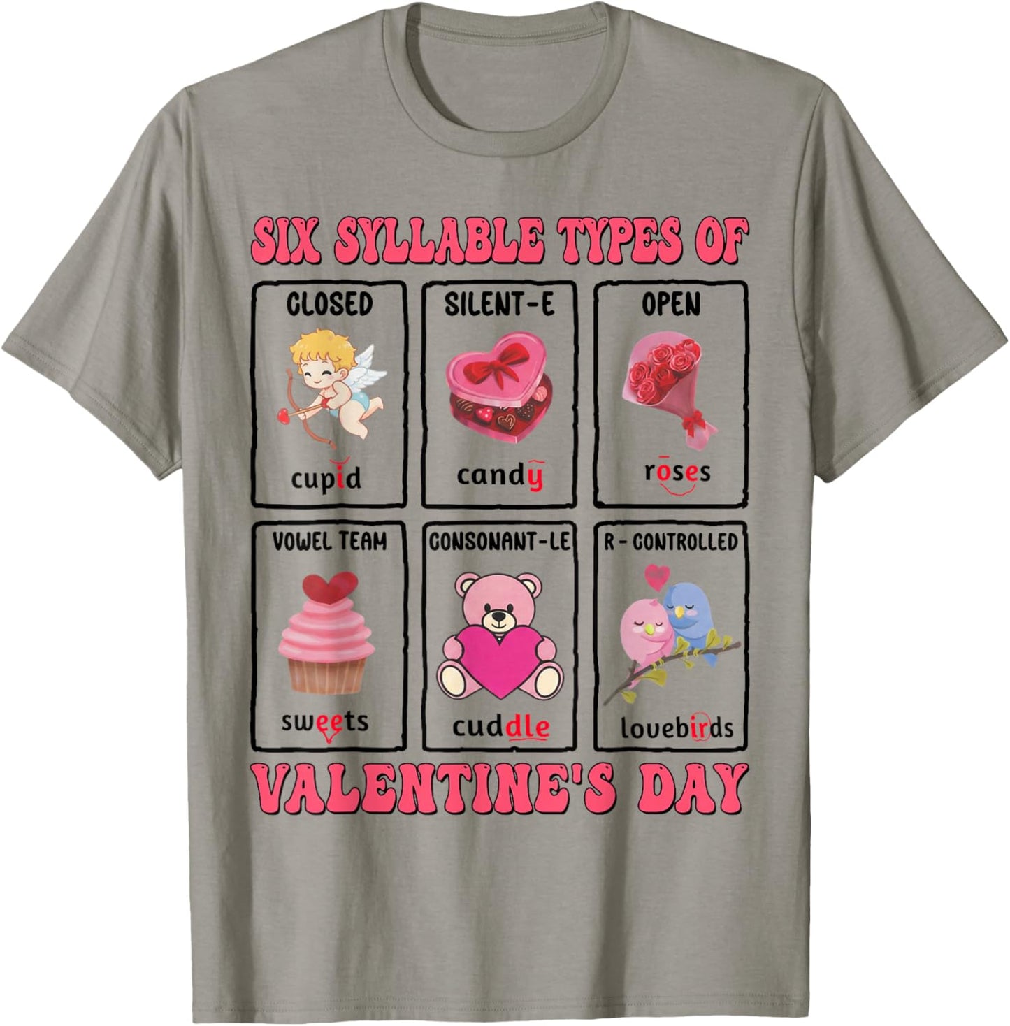 Six Syllables Phonetics Educational Kids Teacher Valentine T-Shirt - T-Shirt | Sand