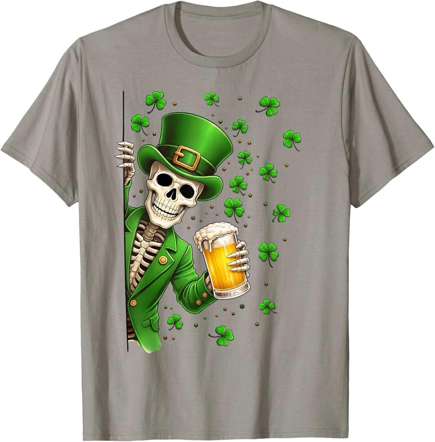 St Patricks Day Shamrock Funny Skeleton Leprechaun Beer Men T-Shirt - T-Shirt | Sand