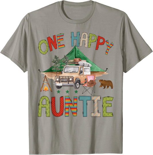 One Happy Auntie Camper 1st Birthday Boy Camping Bear T-Shirt - T-Shirt | Sand