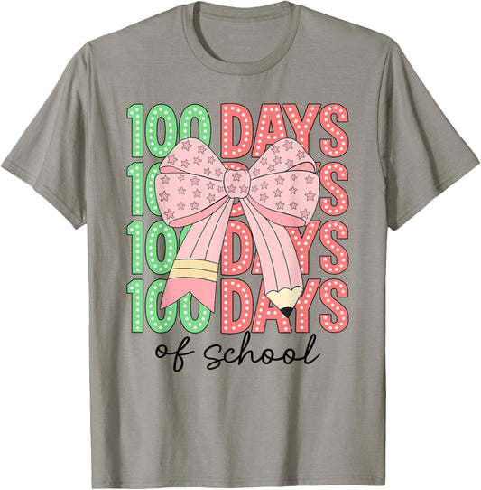 Coquette Bow 100 Days of School Teacher Kids 100th Day T-Shirt - T-Shirt | Sand