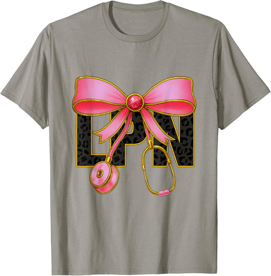 LPN Nurse Coquette Bow Leopard Print Stethoscope Nurses T-Shirt - T-Shirt | Sand