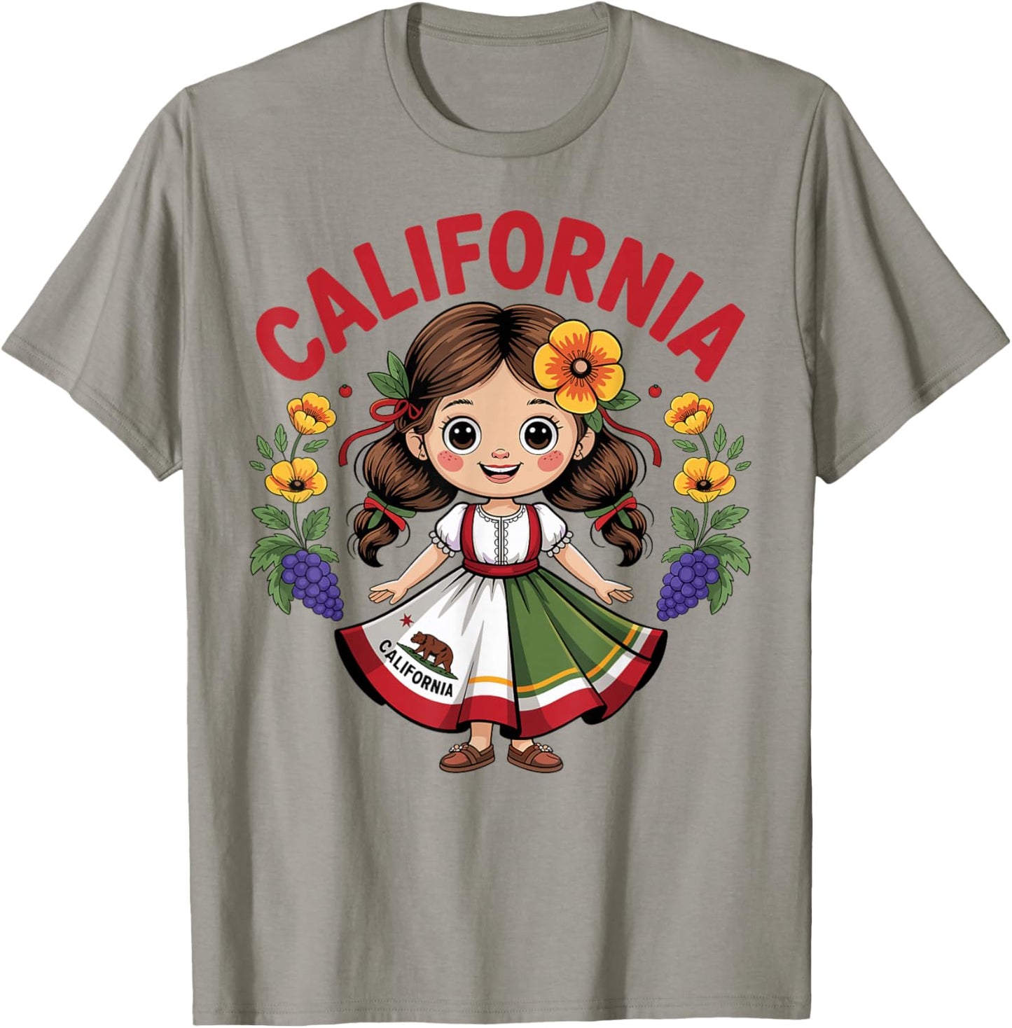 Cute California Girl in State Flag Dress and Flowers Girls T-Shirt - T-Shirt | Sand