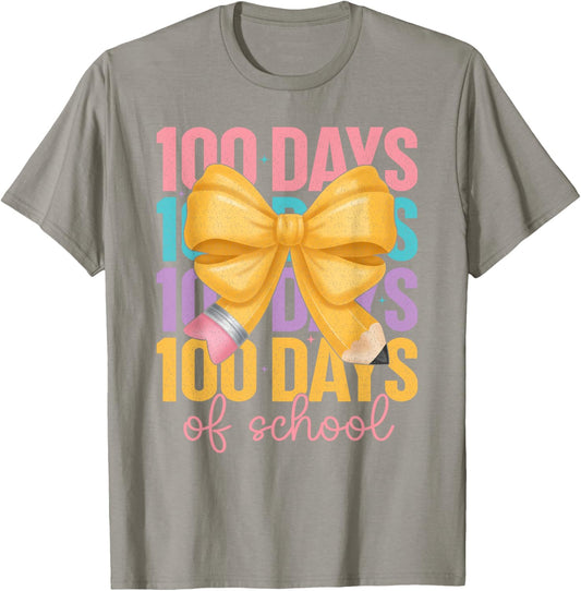 100 Days of School Girls Coquette Bow 100th Day of School T-Shirt - T-Shirt | Sand