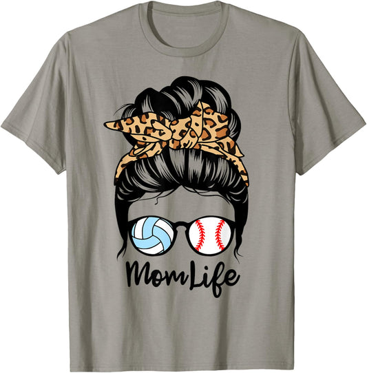 Mom Life Messy Bun Hair Funny Baseball Volleyball Player Mom T-Shirt - T-Shirt | Sand