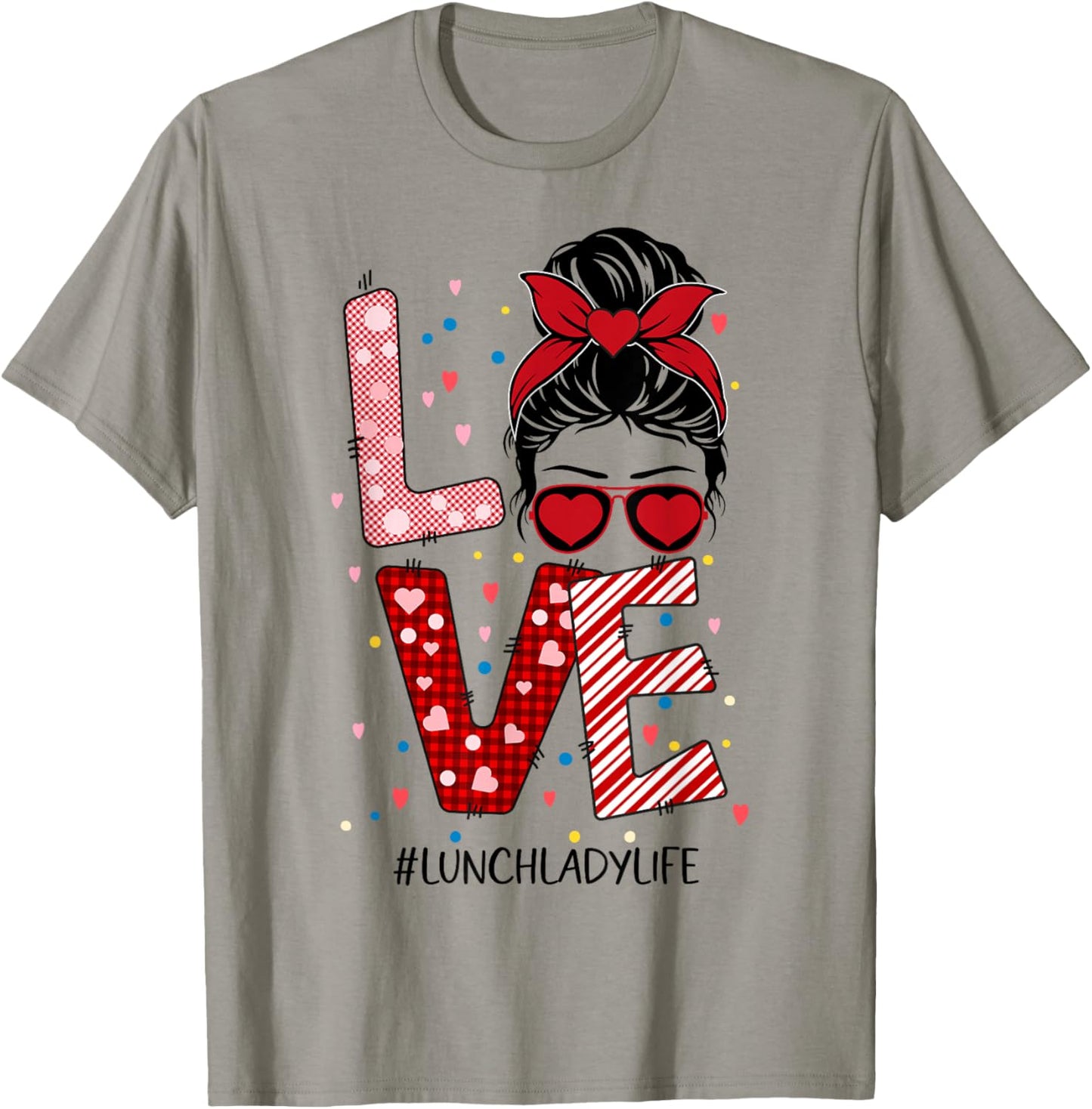 Messy Bun Love Lunch Lady Valentine's Day T-Shirt - T-Shirt | Sand