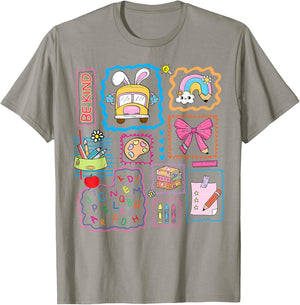 Be Kind School Girls Teacher Coquette Bow Bus Rainbow Crayon T-Shirt - T-Shirt | Sand