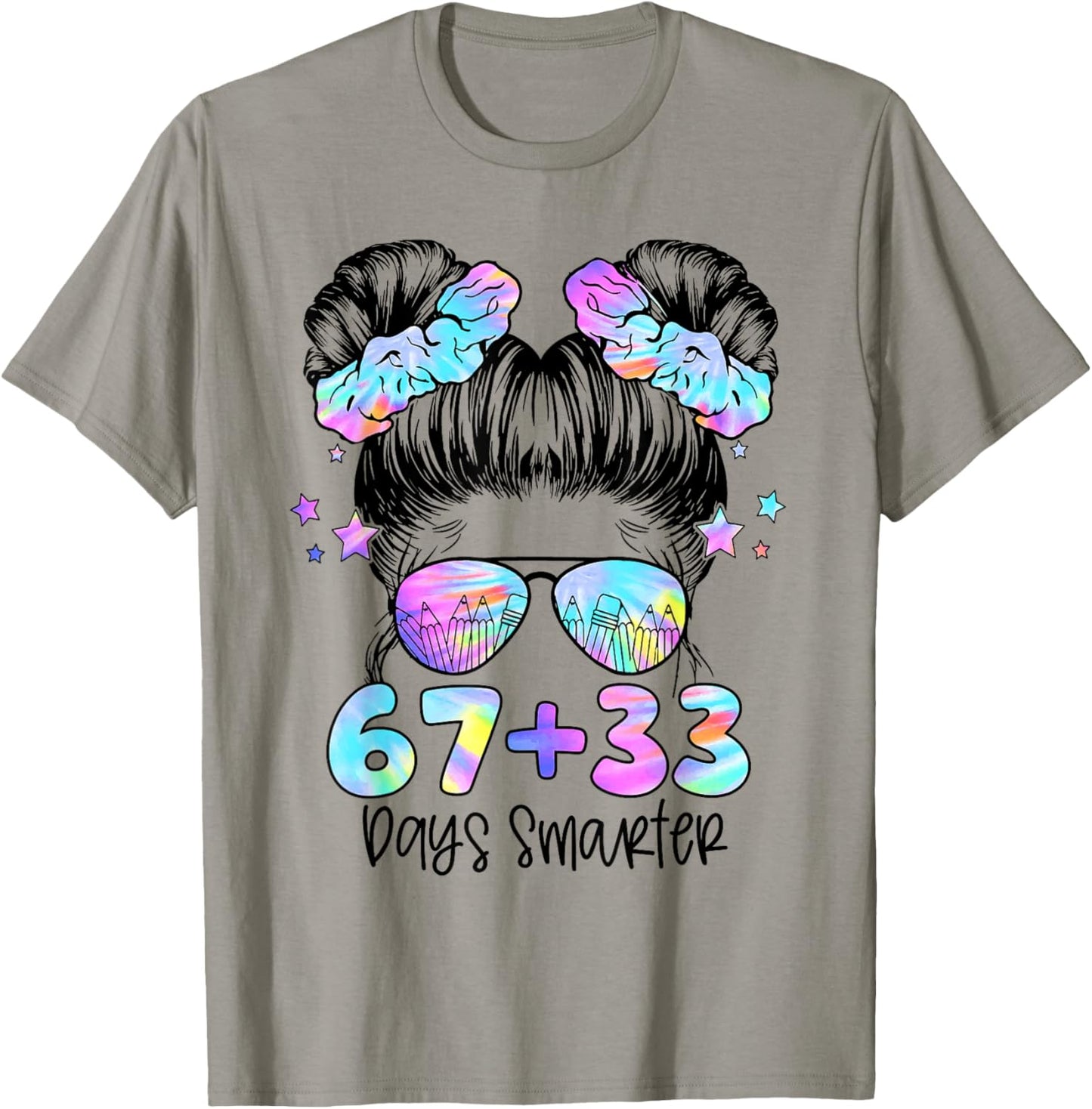 67 33 Days Smarter Messy Bun Girl 100th Day of School Kids T-Shirt - T-Shirt | Sand