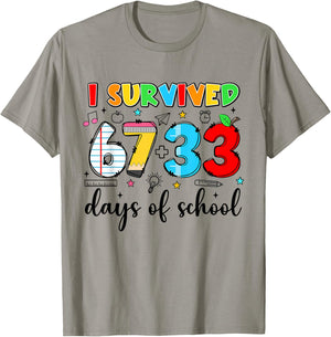 I Survived 67+33 Days of School Funny 100th Day Teacher Kids T-Shirt - T-Shirt | Sand