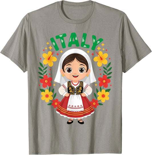 Italy Italian Girl Traditional Dress Outfit Heritage Flowers T-Shirt - T-Shirt | Sand