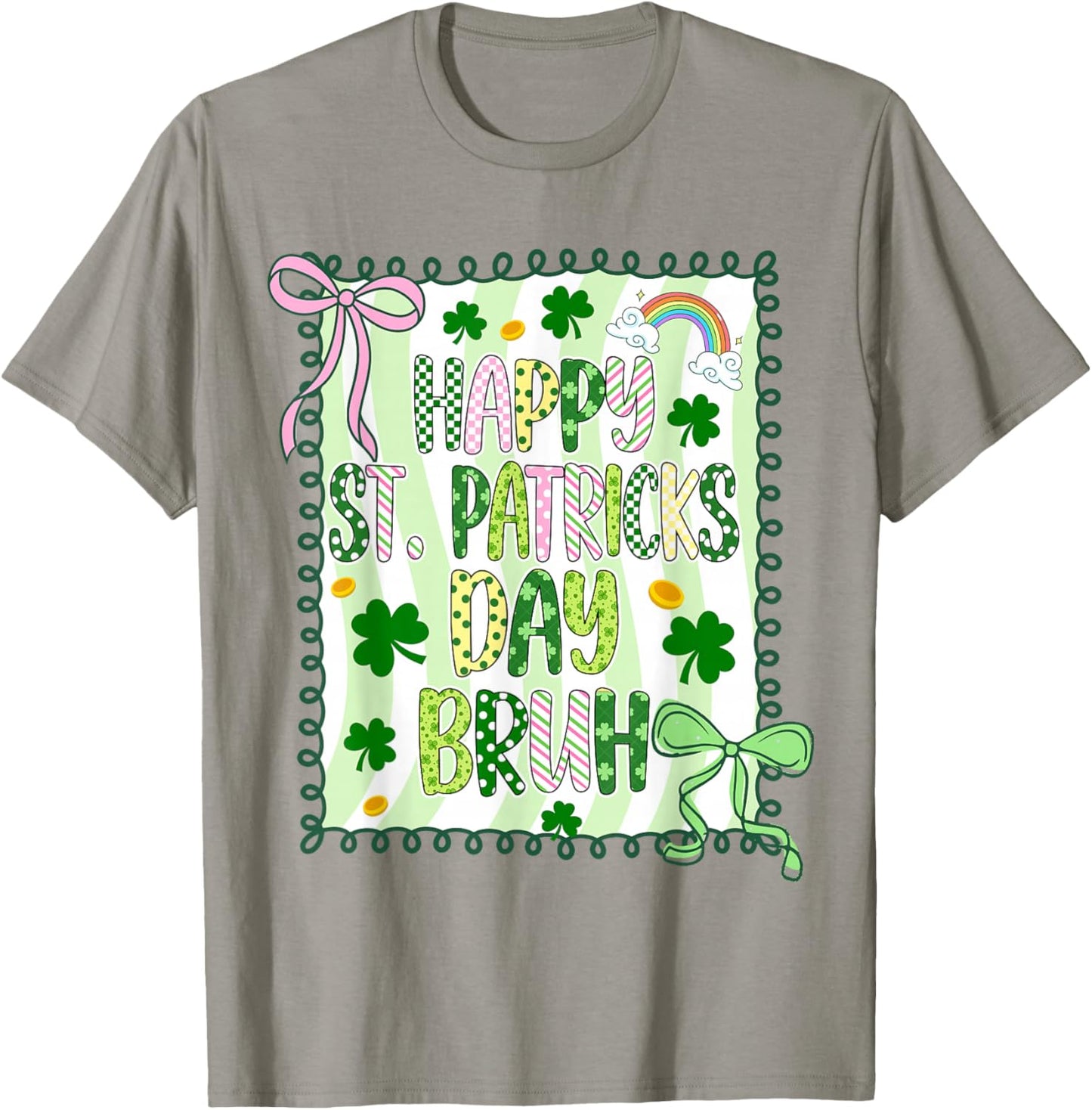 Bruh Happy St Patricks Day Kids Coquette Girls Bow Shamrock T-Shirt - T-Shirt | Sand