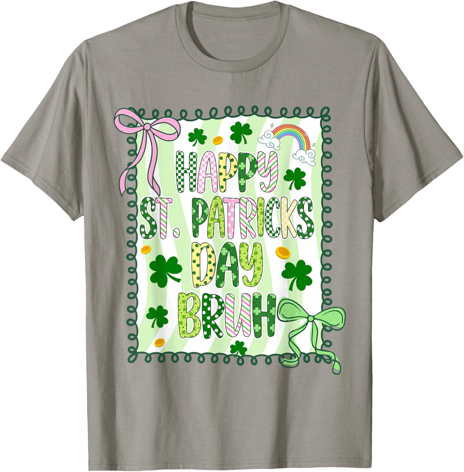Bruh Happy St Patricks Day Kids Coquette Girls Bow Shamrock T-Shirt - T-Shirt | Sand