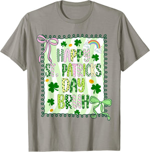 Bruh Happy St Patricks Day Kids Coquette Girls Bow Shamrock T-Shirt - T-Shirt | Sand