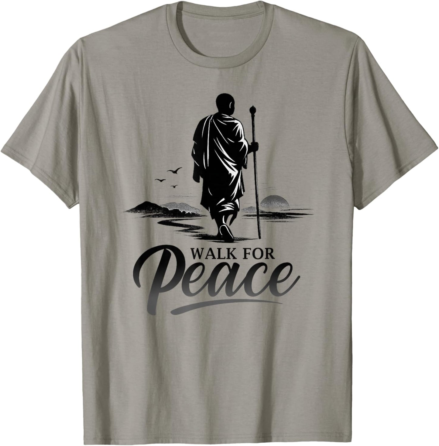 Retro Walk for Peace Monks with Aloka Dog Minimalist Zen Art T-Shirt - T-Shirt | Sand
