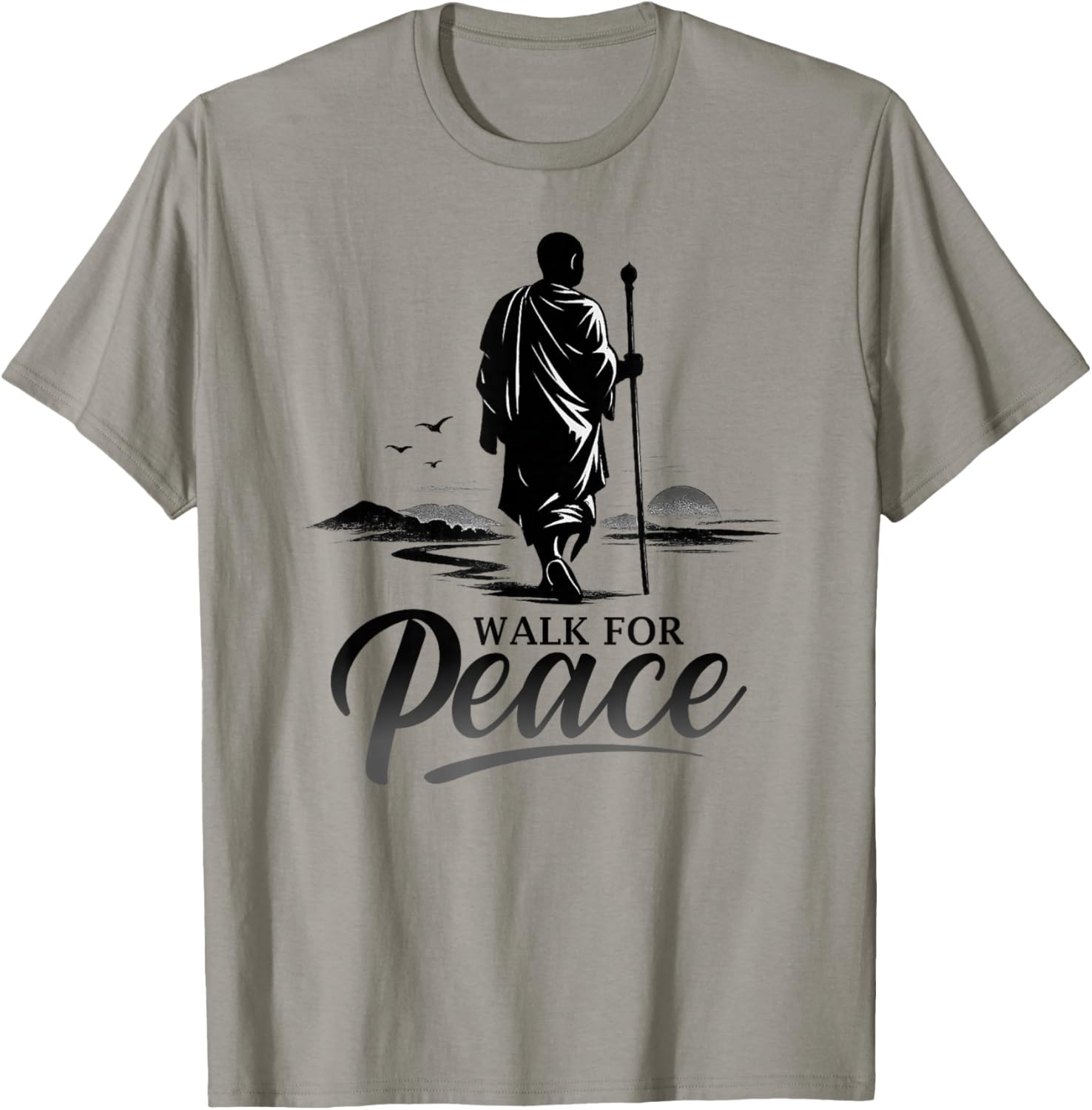 Retro Walk for Peace Monks with Aloka Dog Minimalist Zen Art T-Shirt - T-Shirt | Sand