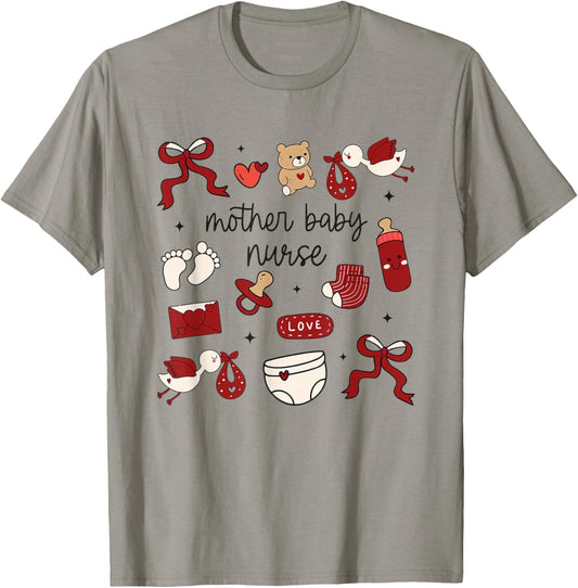 Mother Baby Nurse Valentines Postartum Coquette Stork MBU T-Shirt - T-Shirt | Sand