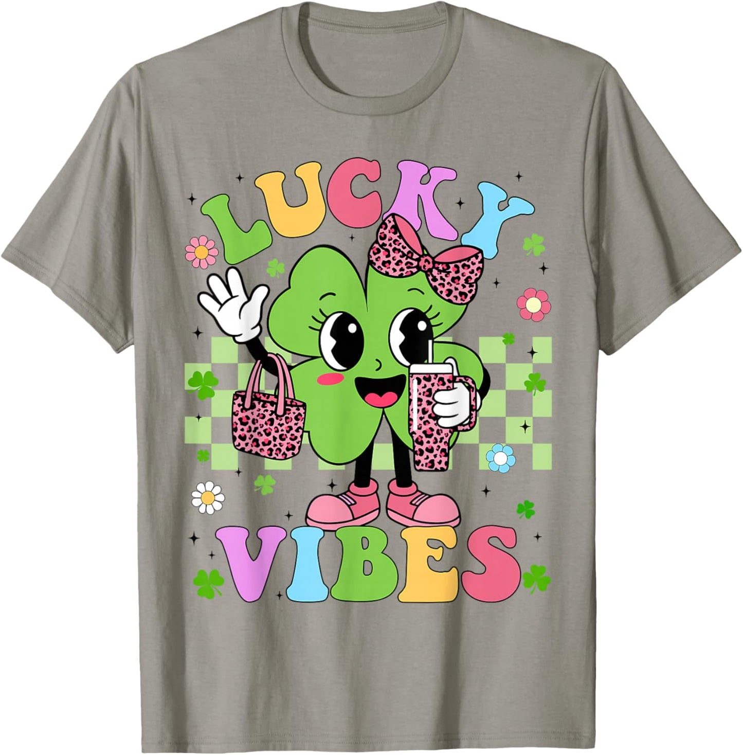 Lucky Vibes Cute Shamrock Leopard St Patricks Girl Kid Women T-Shirt - T-Shirt | Sand