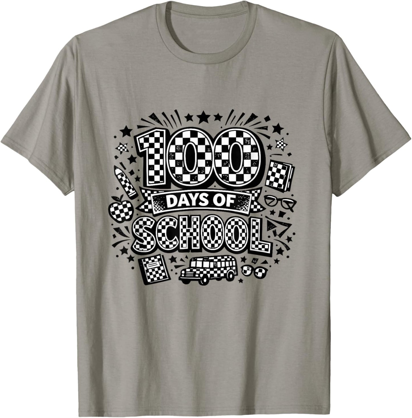 100 Days of School Checkered Pattern Celebration T-Shirt - T-Shirt | Sand