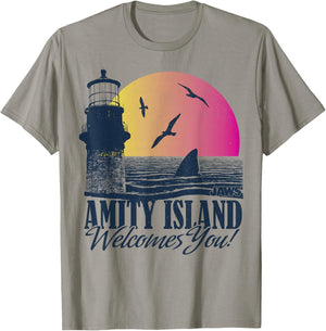 Jaws Amity Island Welcomes You Shark Fin Sunset T-Shirt - T-Shirt | Sand