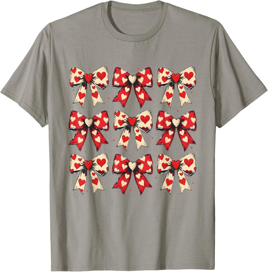 Valentines Day Hearts Coquette Bow Women Girls Boys T-Shirt - T-Shirt | Sand
