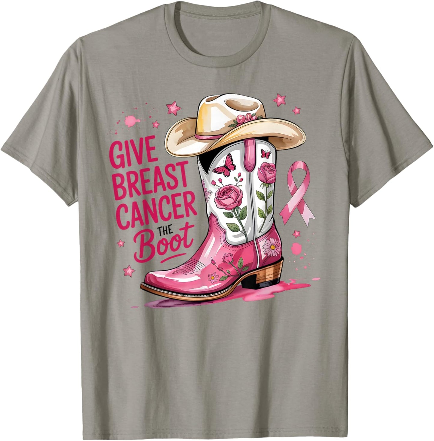Give Breast Cancer The Boot Breast Cancer Pink Ribbon Women T-Shirt - T-Shirt | Sand