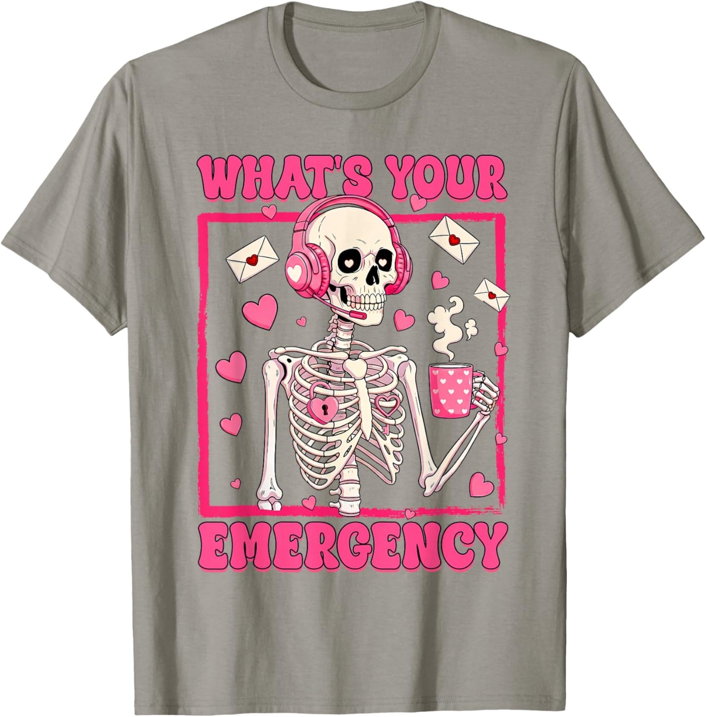 Valentines 911 Dispatcher Skeletron What's Your Emergency T-Shirt - T-Shirt | Sand