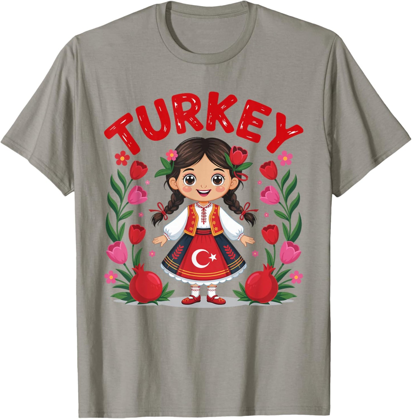 Turkey Girl Traditional Dress with Tulips and Pomegranates T-Shirt - T-Shirt | Sand