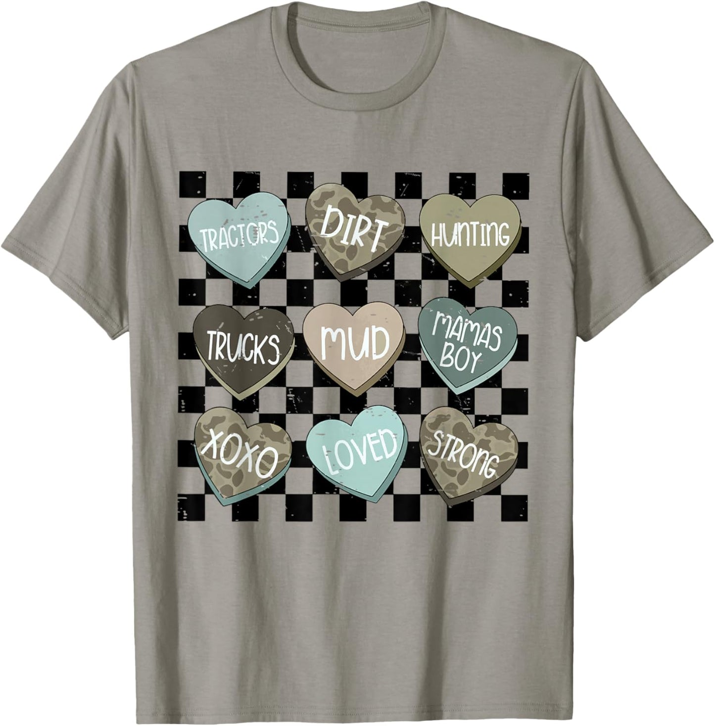 Retro Checkered Camo Hearts Valentine Loved XOXO Kids Boys T-Shirt - T-Shirt | Sand