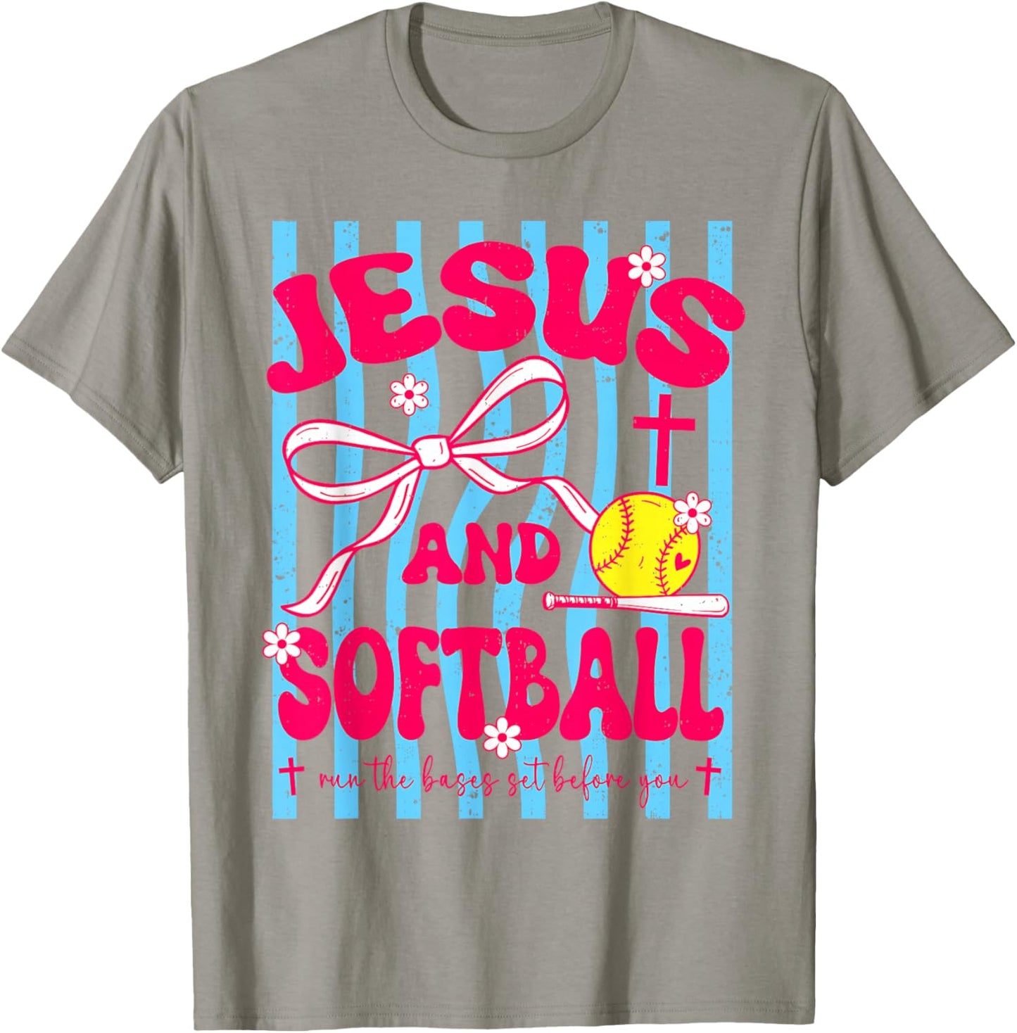 Jesus and Softball Bow Christian Mom Mama Girls Faith T-Shirt - T-Shirt | Sand