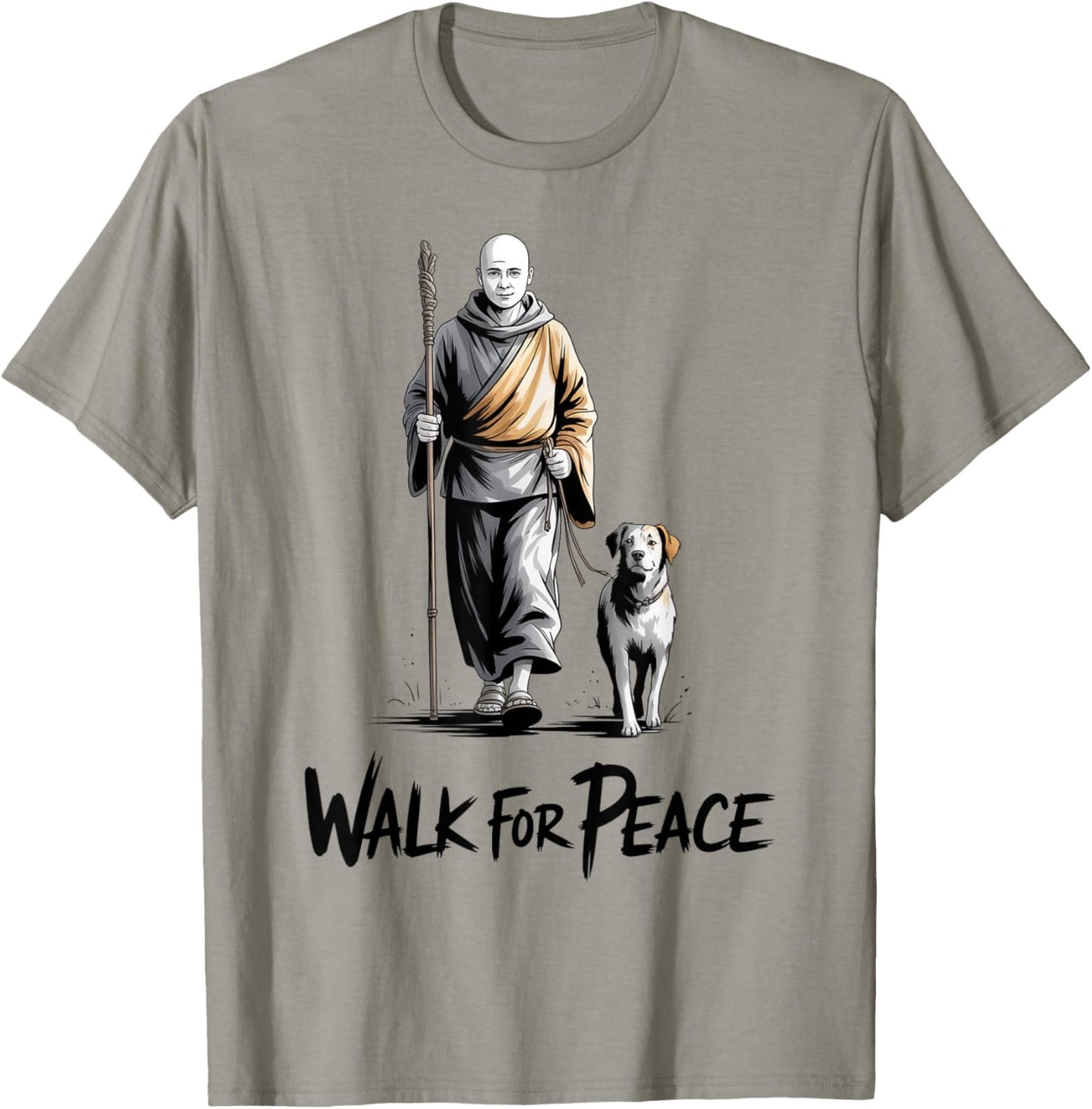 Retro Walk for Peace Monks with Aloka Dog Minimalist Zen Art T-Shirt - T-Shirt | Sand