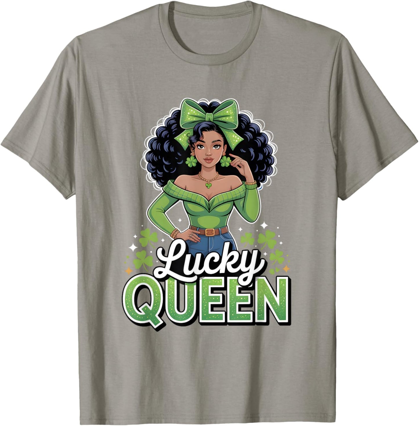 Lucky Queen St Patricks Day Black Girl Afro Shamrock Squad T-Shirt - T-Shirt | Sand