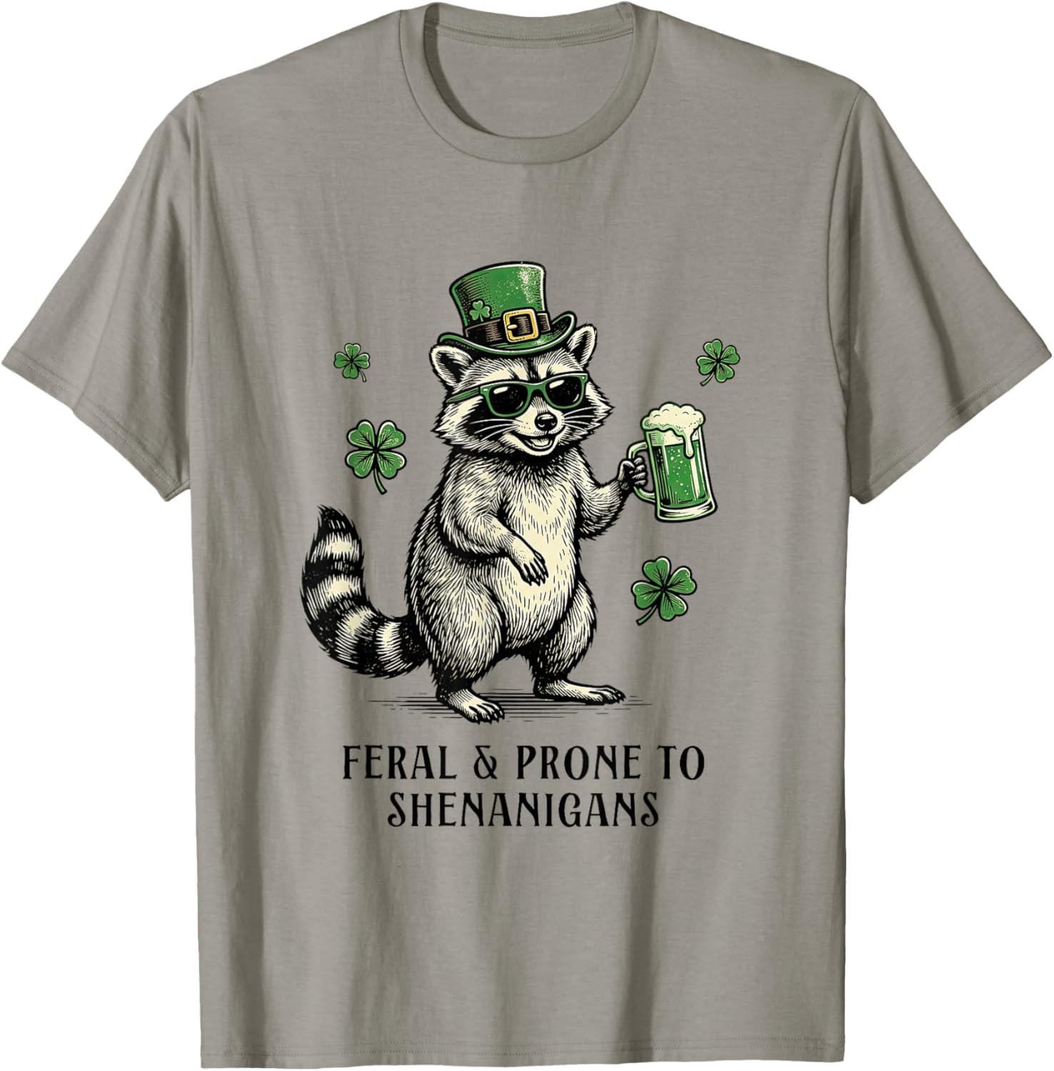 Feral & Prone to Shenanigans St Patricks Day Beer Raccoon T-Shirt - T-Shirt | Sand