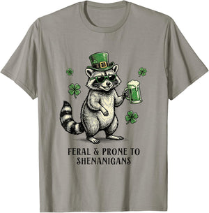 Feral & Prone to Shenanigans St Patricks Day Beer Raccoon T-Shirt - T-Shirt | Sand