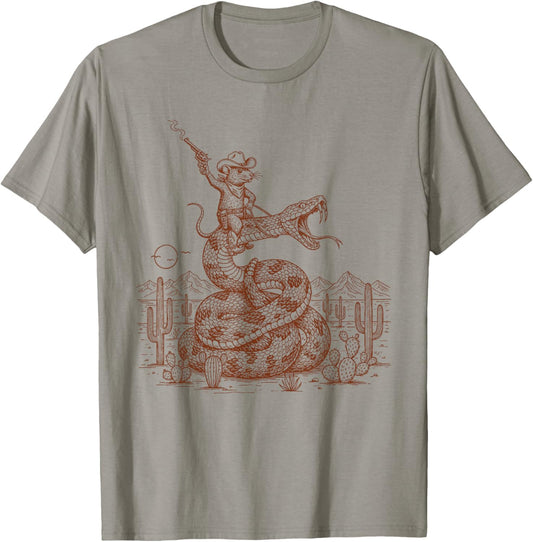 Cowboys Mouse Riding Snake Wild West Saddle Up Western Life T-Shirt - T-Shirt | Sand