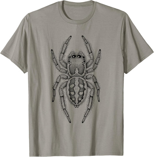 Jumping Spider Black Line Art Detailed Design T-Shirt - T-Shirt | Sand