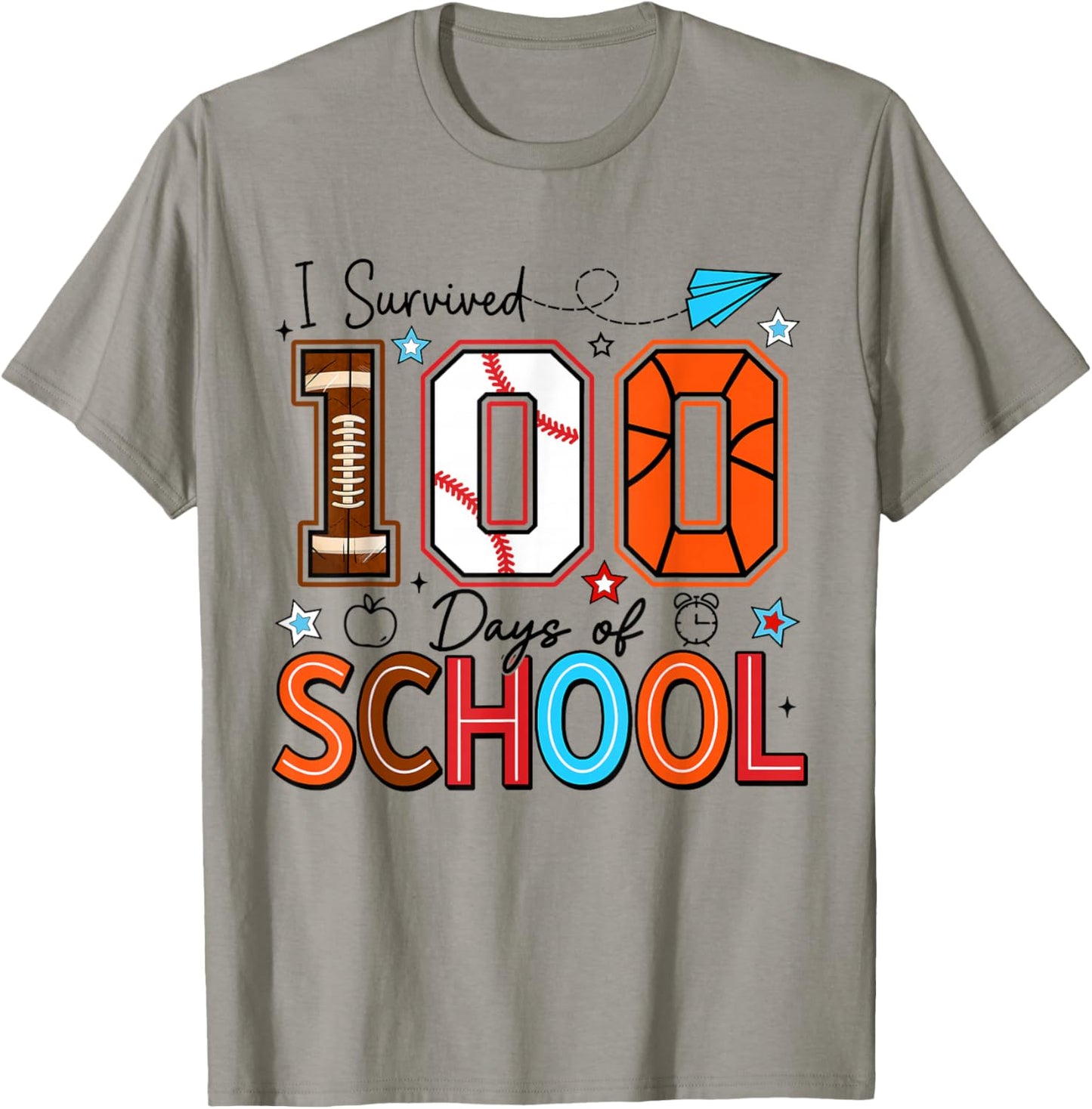 I Survived 100 Days Baseball Football Basketball School Kids T-Shirt - T-Shirt | Sand