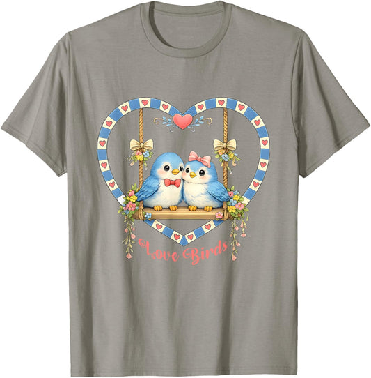Vintage 80's Style Love Birds On Swing in Heart Flowers Bows T-Shirt - T-Shirt | Sand