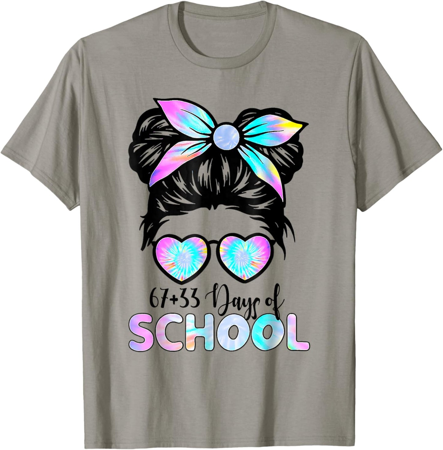 67 33 Days of School Girl Messy Bun Hair 100th Day of School T-Shirt - T-Shirt | Sand