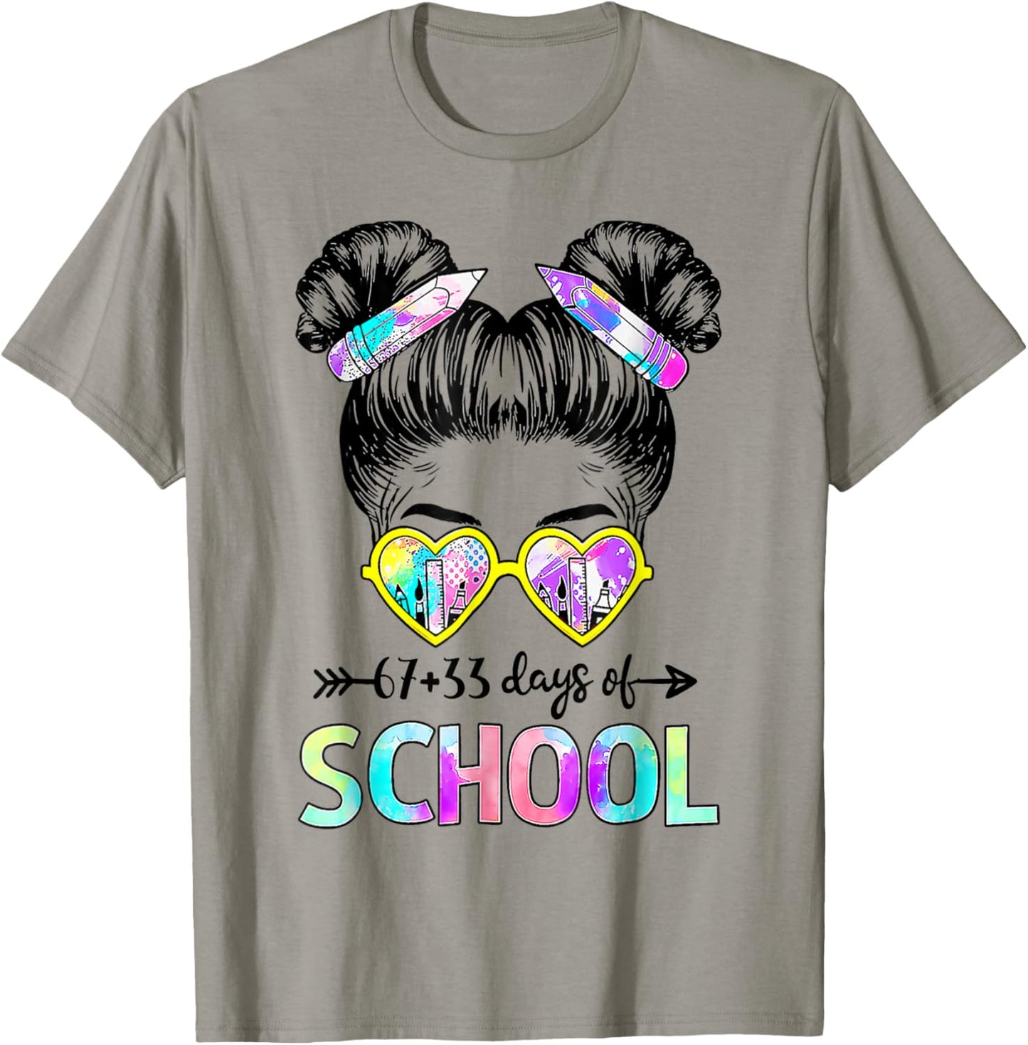 67 33 Days Smarter Girls Messy Bun Hair 100th Day of School T-Shirt - T-Shirt | Sand