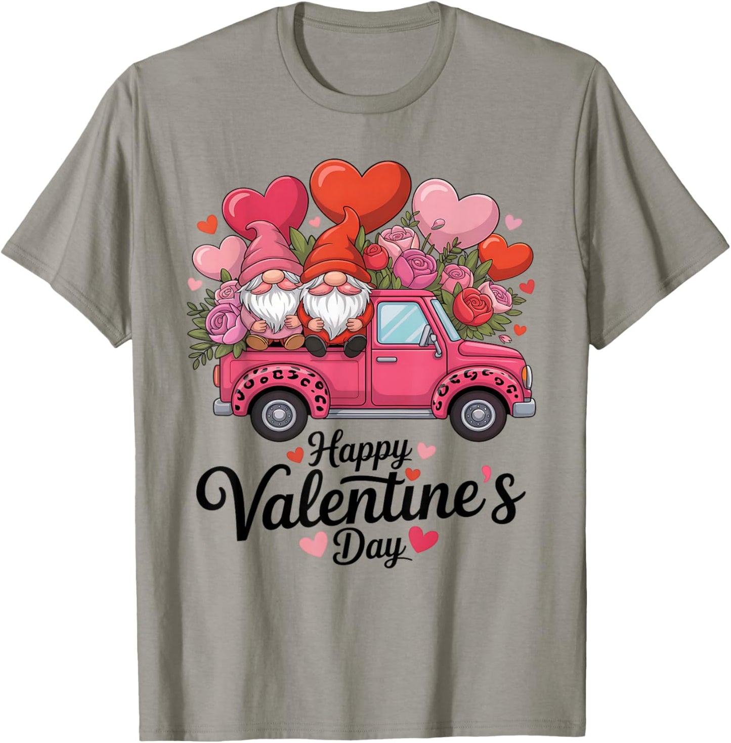 Valentines Day Gnomes Pink Truck Roses Leopard Print T-Shirt - T-Shirt | Sand