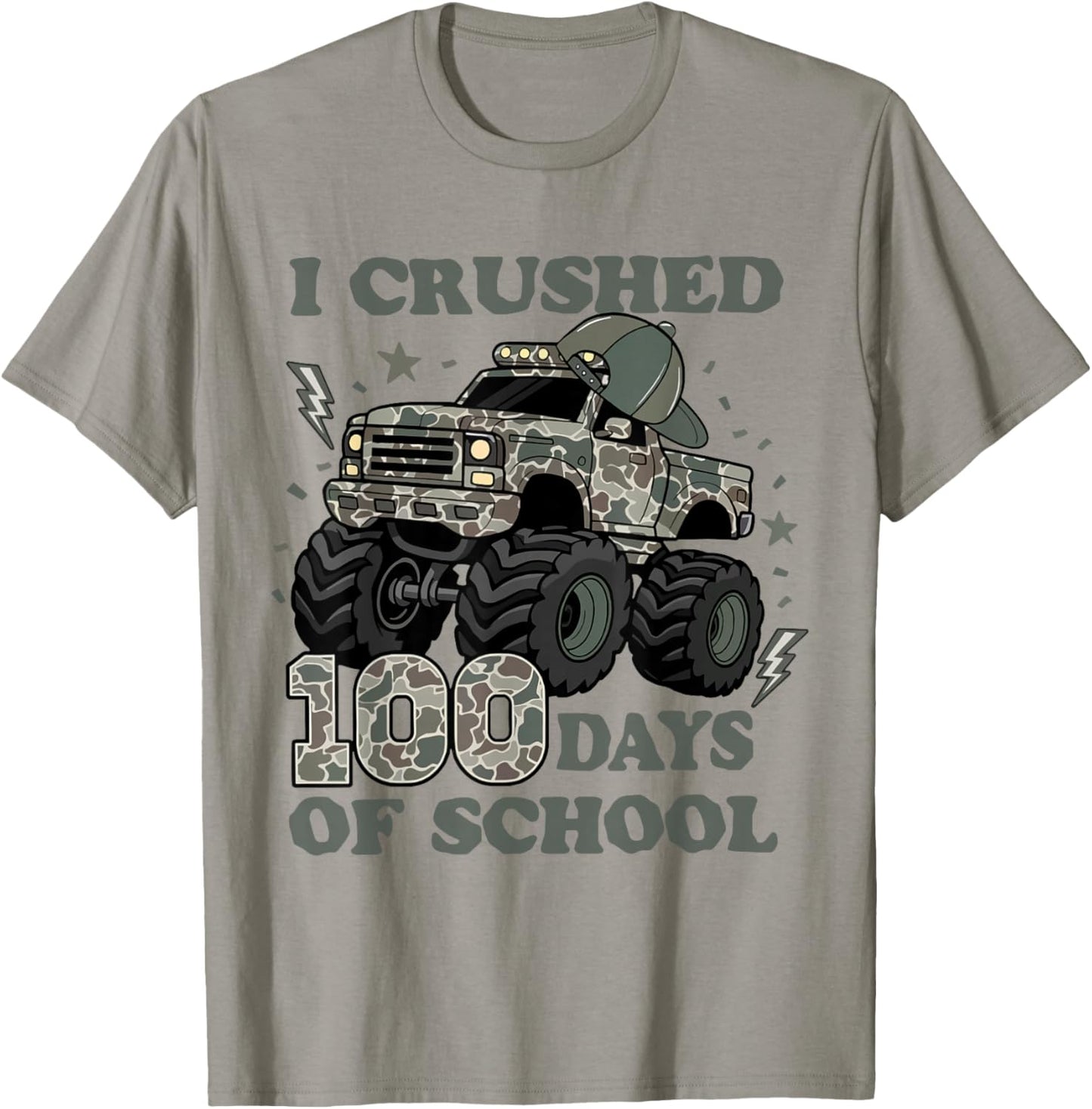 I Crushed 100 Days of School Camo Truck Boy 100 Days Smarter T-Shirt - T-Shirt | Sand