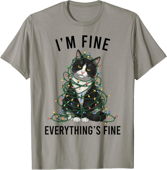 Tuxedo Cat Christmas I'm Fine Everything is Fine T-Shirt - T-Shirt | Sand
