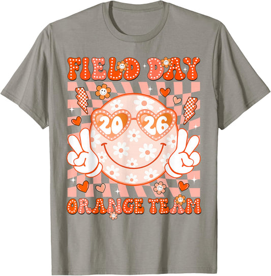 Field Day Orange Team 2026 Smile Face Sunglasses Kid Teacher T-Shirt - T-Shirt | Sand