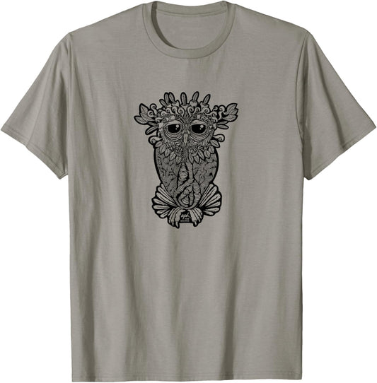Swirly Great Horned Owl - Botanical Black Bird T-Shirt - T-Shirt | Sand